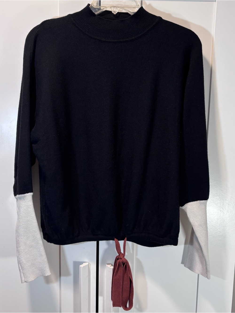 Slate Colorblock Mock Neck Sweater Dolman Cinch Tie Back Hem Womens L Black
